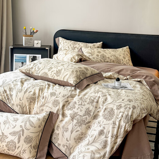 Light luxury 100-count thickened cotton brushed four-piece set pure cotton autumn and winter warm bed sheet quilt cover and fitted sheet three-piece set, rich in love, skin-friendly and soft, 1.8m bed sheet four-piece set