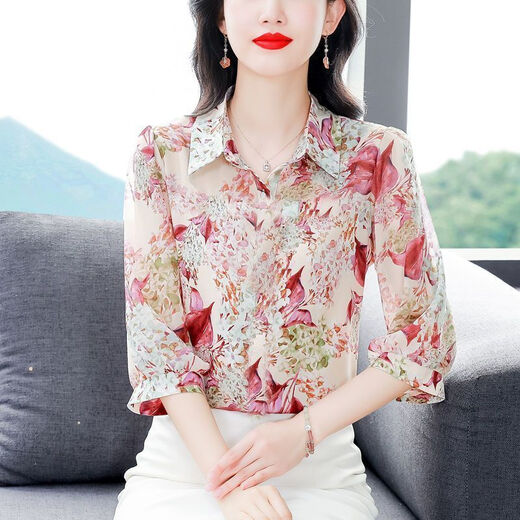 时尚印花七分袖雪纺衬衫女士装夏季新款百搭洋气小衫减龄妈妈上衣 花色 Q144 3XL 建议135~150斤