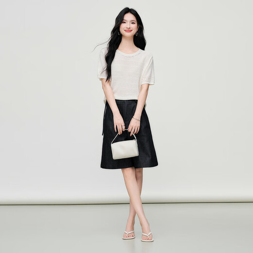 Basic House Basic House/Baijiahao Laiser hollow short-sleeved sweater for women's new summer beaded round neck top Summer Yangmi L