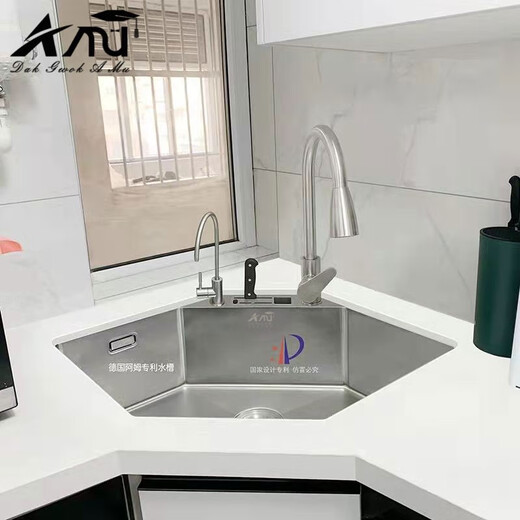 ANU DAK GWOK A MU德国阿姆不锈钢手工槽转角拐角厨房洗菜盆异形六角水池台下嵌入式 银色4840*550刀架