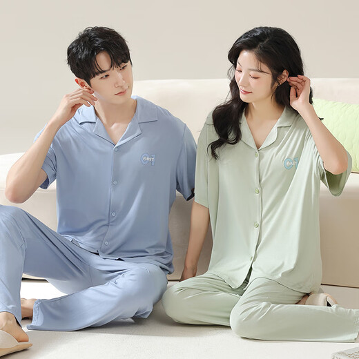 维秘艾米丽莎莫代尔情侣睡衣女春夏季款短袖长裤薄款家居服男女士开衫大码套装 N12108女N12308男 M 女