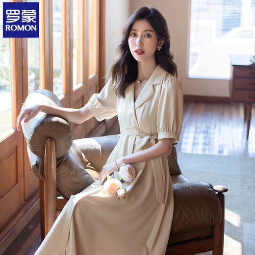罗蒙西装领连衣裙女2025夏新款短袖白色长款收腰显瘦年高档气质a字裙 QSJ1218米色 M