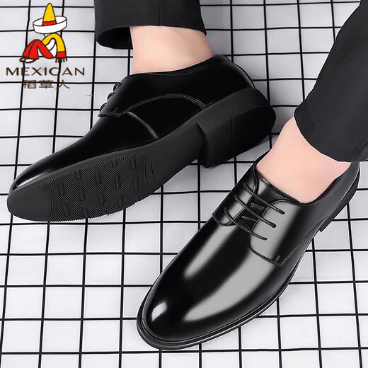 Scarecrow (MEXICAN) leather shoes for men versatile breathable business formal wear casual height-enhancing men's shoes for summer black British groom wedding shoes 9888 black 37 standard size