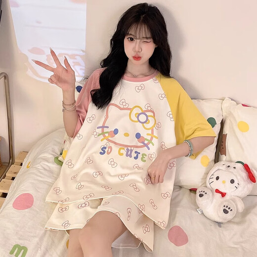 Junjunsui Dimei Kiti Cat Pajamas for Women in Summer 2025 New Pure Cotton Short Sleeve Cartoon Student Large Size Summer Home Suit Set Short-Z-9922 L [Suggested 100-120Jin [Jin equals 0.5 kg]]