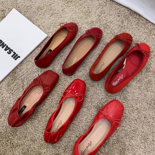 Jingpufei bow with shallow mouth flat single shoes women's ballet shoes red 2025 J683-4 red 40