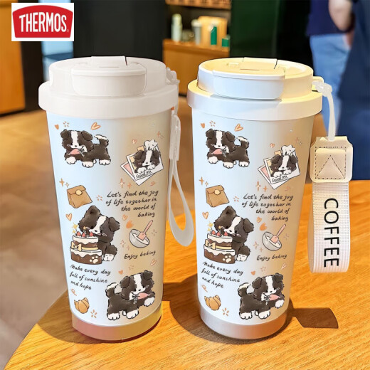 THERMOS Happy Puppy Thermos (THERMOS) Stainless Steel Student Special Coffee Cup Hand-carrying New Men's and Women's Water Cup High-Precision DX1048 Plush Variety Puppy + with Lanyard Ceramic Inner Bottom