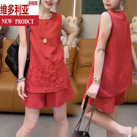 维多利亚的格调夏季小香风无袖刺绣背心+短裤两件套小仙女国风设计感一整套套裤 白色 两件套 M 建议穿90-110斤左右