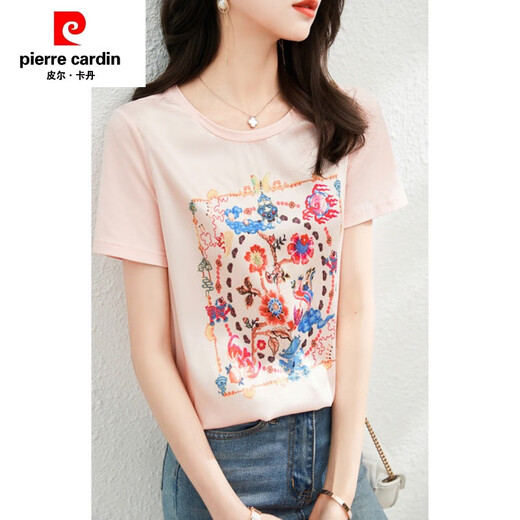 Pierre Cardin (Pierre Cardin) Mulberry Seide 100% Cut Standard Counter Summer Printed Seide Kurzärärtes T-Shirt für Frauen Mulberry Seiden Top 6167 Weiß S