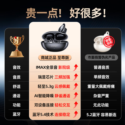 CHUSIRUO Voice of Berlin丨Flagship King Top 10 Wireless Bluetooth Headphones Ear Clip Type Semi-In-Ear AI Noise Reduction High Quality Music Game Headphones Adapted to Apple Huawei Obsidian Black IMAX Panoramic Sound New Product + Palace Sound Effect + One-Year Warranty