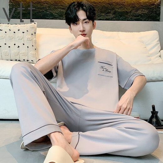 VTT睡衣男夏季纯棉短袖长裤男款薄款大码简约可外家居服套装 V短袖长裤：OMM13077 L