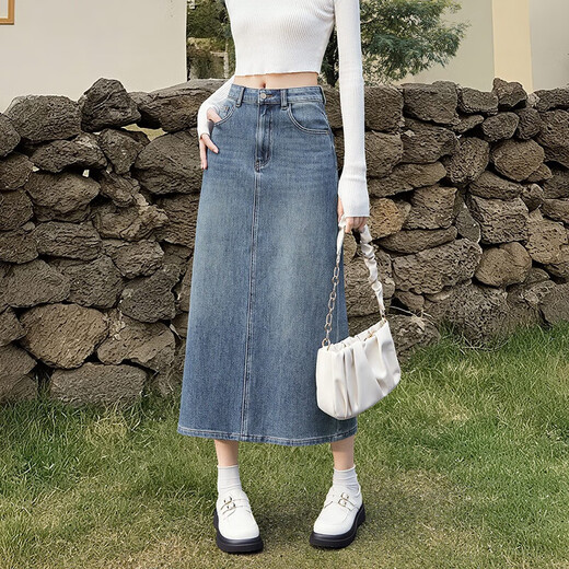 Sie schlägt Denimrock hinter dem Pool für Frauen 2025 Herbst Kleidung neue einfache Taille mit mittlerer Länge A-Line-Rock