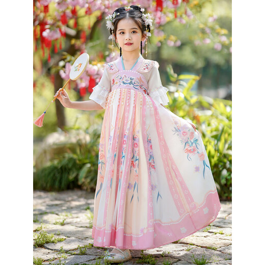 Cat de tela Hanfu Girl Style China Summer 4-13 años Vestido 2025 NUEVO CONTIGUACIÓN Niños Niña Xianyi Estilo antiguo 9195 Mangas cortas azules [falda individual] 120 cm