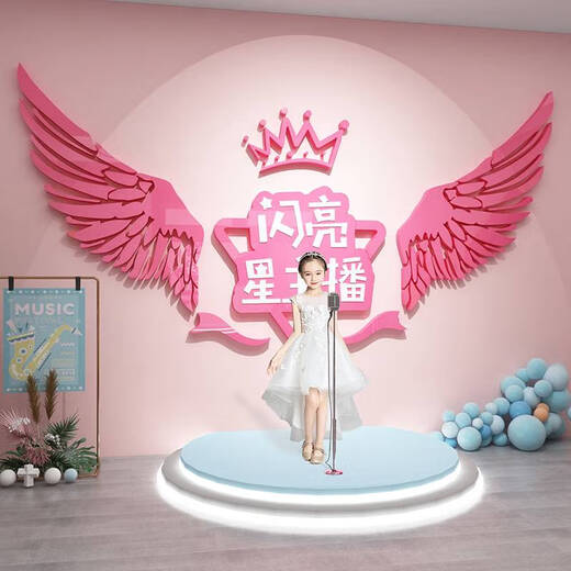 少儿口才教室布置装饰播音乐小主持舞蹈台背景环创表演幼儿园墙面 15865闪亮星主播-白色+粉色字 超小