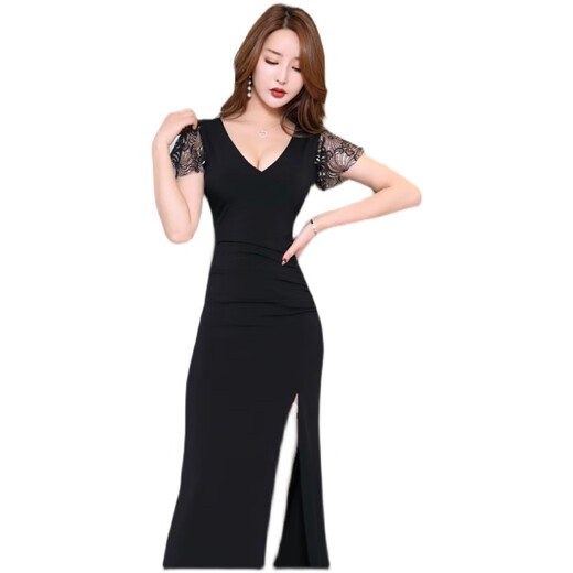 LPDV晚礼服连衣裙夜总店性感长款浴场按摩工衣桑拿足浴足疗技师工作服 3883黑色 S