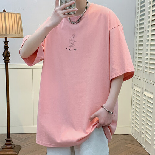 叮噜鱼宽松男士短袖重磅T恤男夏季港风上衣服凉感透气青少年五分半袖男t 3899粉红 M (约120-140斤可穿)