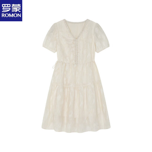 Romon (Romon) reichhaltiges Kleid für Frauen 2025 Sommer neuer französischer Kordelkordel kurzärmelig kleiner Mensch schöner Rock Off-weiße L schlägt 105-115jin [Jin gleich 0,5 kg] vor]