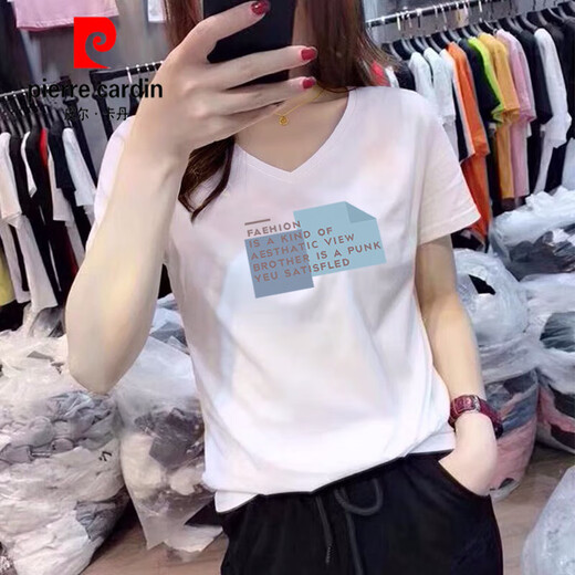 皮尔卡丹V领短袖t恤女宽松纯棉打底衫正肩上衣2025年新款夏潮半袖体恤针织 V领KC698白 M
