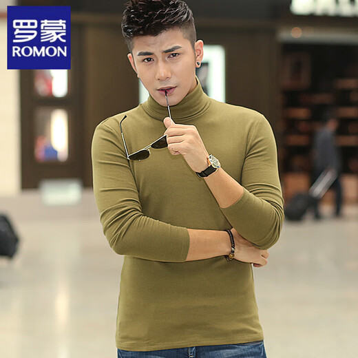 ROMON Spring, Autumn and Winter Turtleneck Bottoming Shirt Slim Fit Pure Cotton Tight Youth Long Sleeve T-shirt Men's Solid Color Underwear Men's Black M 100Jin Jin is equal to 0.5kg Wear left and right