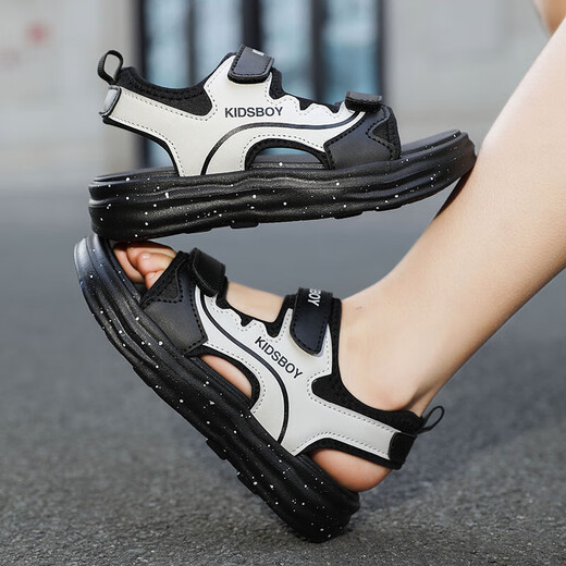 Boys' Sandals 2025 Summer New Hollow Children's Beach Shoes Soft Sole Non-Slip Handsome Middle and Large Children's Open-Toe Sandals HBL2505/Black and White Upgraded Model 31 Size Standard Size