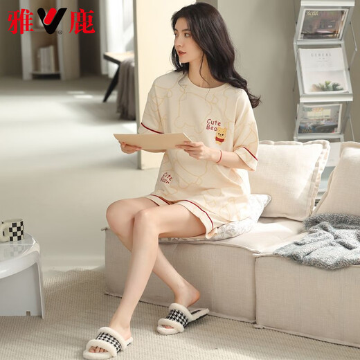 El pijama de verano de alta gama de Yalu para mujeres en el verano, los pantalones cortos de algodón puro para mujeres se pueden usar fuera del nuevo juego de ropa para el hogar de algodón de año nuevo 9854 marca pura algodón M 80-100Jin [Jin iguala 0.5 kg]