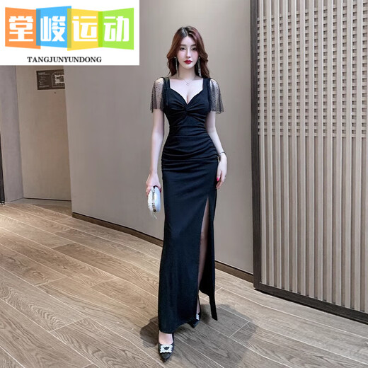 Tangjuns neuer sexy Nachtclub Langer Rock Badewauntechniker Temperament Abendkleid Lange Bar Arbeitskleidung b3883 schwarz s