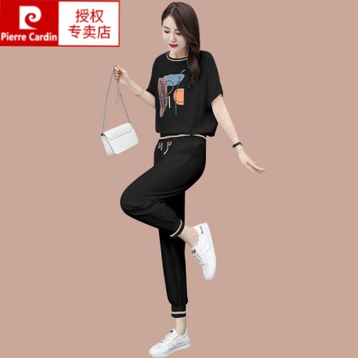 皮尔卡丹（pierre cardin）休闲时尚套装女夏季新款洋气卫衣薄款小个子冰丝小脚裤短袖两件套 【684】黑色 4XL (建议145-165斤)