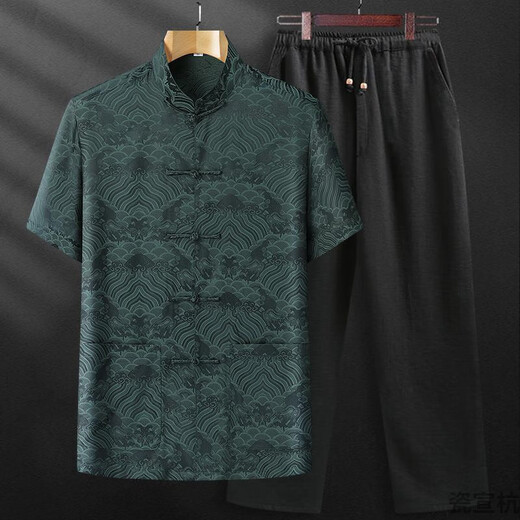 
SMVP Tang suit summer mulberry silk men's suit silk middle-aged and elderly short-sleeved thin shirt cotton dad summer suit grandpa China gray-blue top average size 3890-100Jin [Jin equals 0.5 kg]