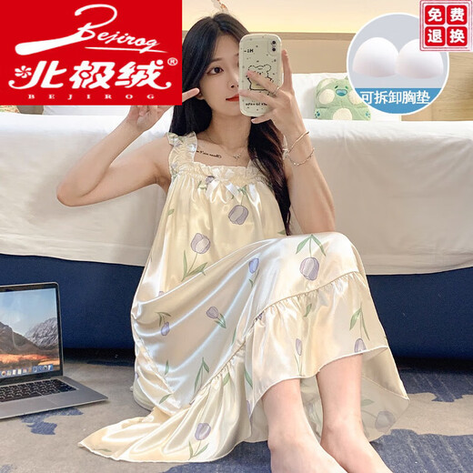 北极绒睡裙夏季自带胸垫冰丝凉感吊带睡衣夏天士甜美可爱家居服春秋 3887【不可拆胸垫】 M 【75-100斤】