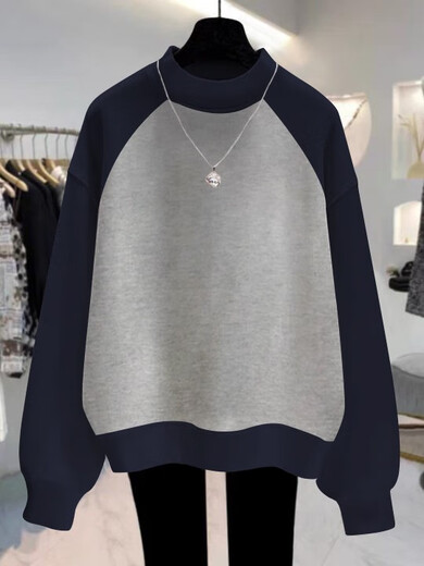 
GTYUWVG half turtleneck sweatshirt for women's autumn clothes new loose European style contrasting color raglan plus velvet thickened rabbit top coat 6227 flower gray blue half turtleneck raglan sleeves plus S 80-100Jin [Jin equals 0.5 kg]