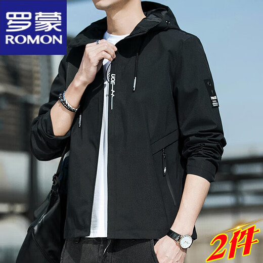 Romon Spring Jacket Herren neuer Frühling und Herbst mit Kapuze mit Kapuzendünner jugendlicher Jacken kurzer Farbjacke K12131 Black M [Empfohlen 100-110jin [Jin gleich 0,5 kg]]]