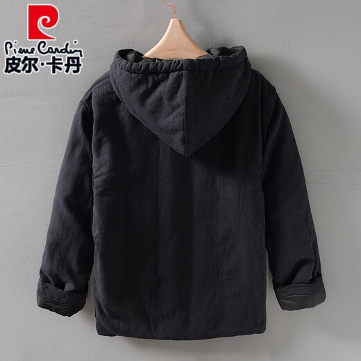Pierre Cardin Chinese style ramie hooded cotton coat for men in winter thick cotton and linen national trend Chinese style loose linen cotton coat trend black S recommended 85-115Jin Jin equals 0.5 kg