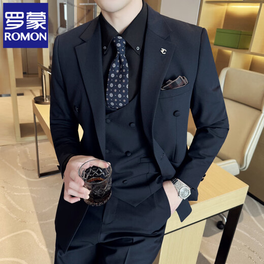 ROMON double-breasted suit suit for men business new professional formal fit groom wedding suit fashion British navy suit + vest + pants XL (suitable for 126-140 Jin Jin equals 0.5 kg)