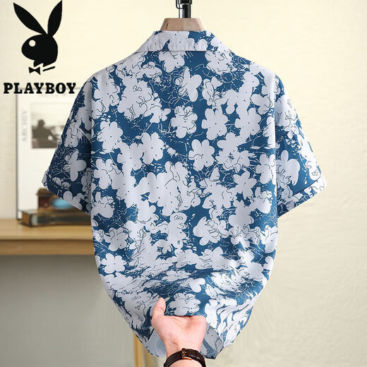 花花公子（PLAYBOY）夏威夷花衬衫短袖男夏季冰丝薄款沙滩情侣休闲衬衣 6636太湖绿 XL