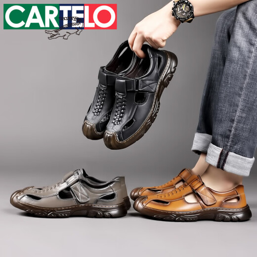 Cartelo Sommersandalen Männer echtes Leder atmungsaktives Sport und lässige Loch Schuhe hohl weiche Außensandalen Schwarz 6626/Top Cowhide 38 Standard Lederschuhgröße