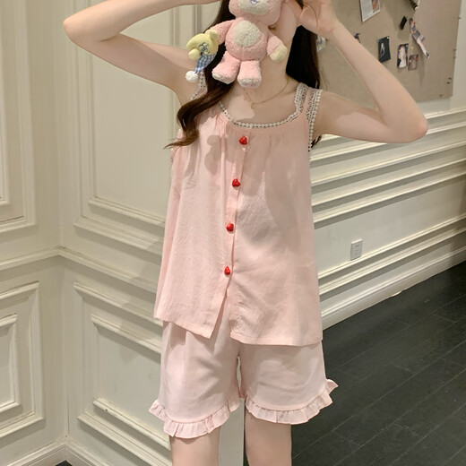 梦鸾吊带背心睡衣女夏季带胸垫2025新款蕾丝花边公主风甜美家居服套装 9226FE 爱心纽扣 粉色 XL