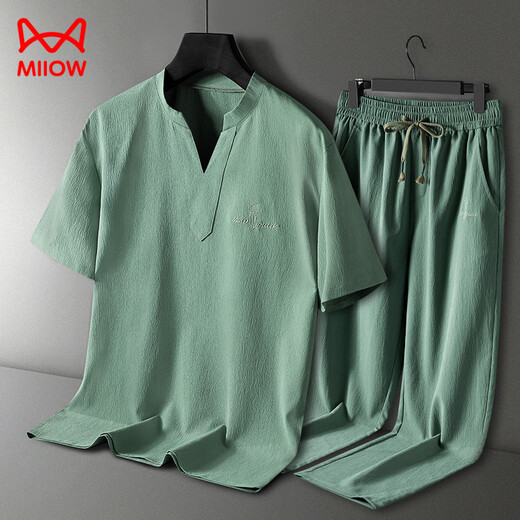Catman (Miiow) 2025 Neue Pyjamas-Sommermodal-Ice-Seiden-Kurzärmel-Hosen Herren-Outfits können zu Hause Kleidung tragen 9906 Graublau [Kurzärärmel + Shorts] Set XL [105-120jin [Jin gleich 0,5 kg]]