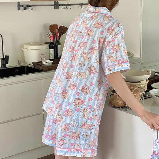 韩版丑鱼汉顿睡衣女夏天薄款家居服短袖短裤长裤卡通可爱三件套装 套WZL1477【无眼罩】 XL【建议120-135斤】