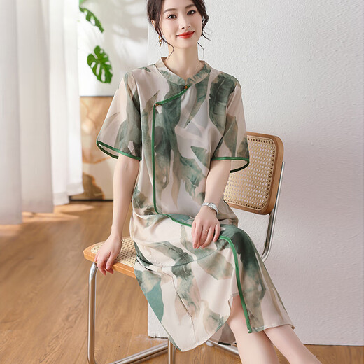 俞兆林母亲节新中式妈妈夏装真·丝雪纺连衣裙时尚中老年女装气质改良裙 972绿边黄花 3XL (建议125-140斤)