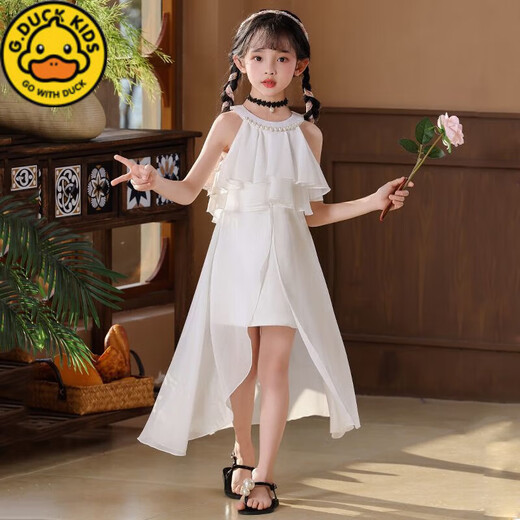 G.DUCKKIDS2025夏季新款女童雪纺裙子洋气时尚儿童气质公主裙女孩沙滩裙凉快 AD9903-白色【圆领挂脖雪纺裙】 120 【适合身高100-110的小朋友