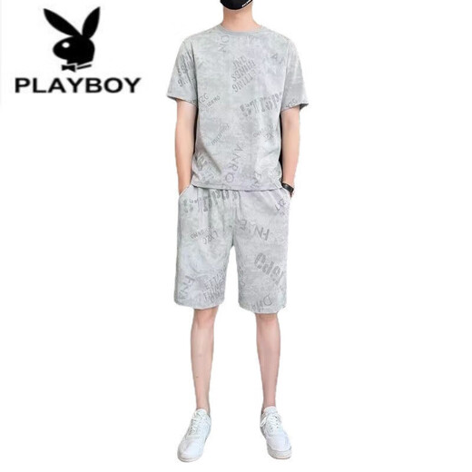 Playboy (PLAYBOY) Pure Cotton 2023 New Ice Silk Short Sleeve T-shirt Set Men's Casual Sports Two-Piece Set Men's Loose Summer Trend 671 Khaki Set L 110Jin [Jin equals 0.5 kg]-130Jin [Jin equals 0.5 kg]