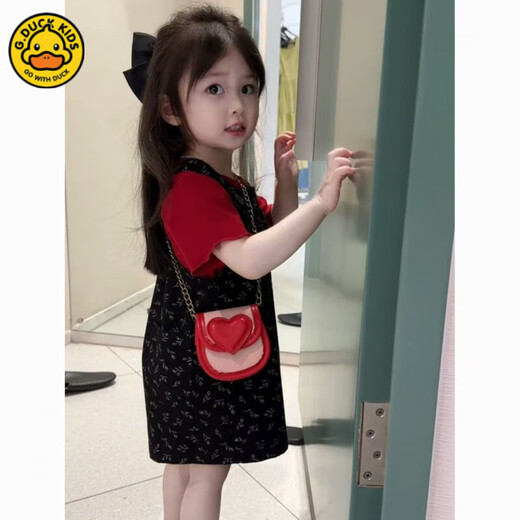 G.DUCK女童背带裤夏季套装2025新款洋气中小童夏天短袖儿童背带裤两件套 黑色碎花背带裤+红色T 110