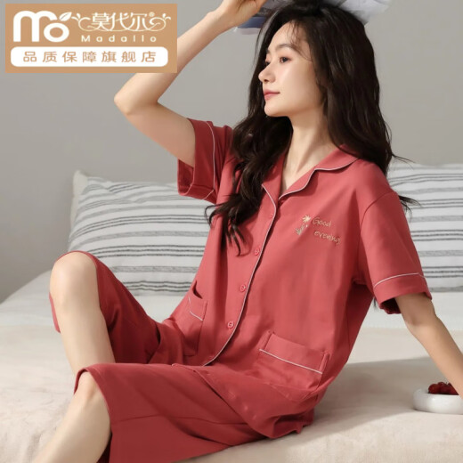 莫代尔棉质睡衣女夏季短袖七分裤大码开衫中青年女士套装外穿家居服 n9893 短袖七分裤开衫 2XL (140-160斤)