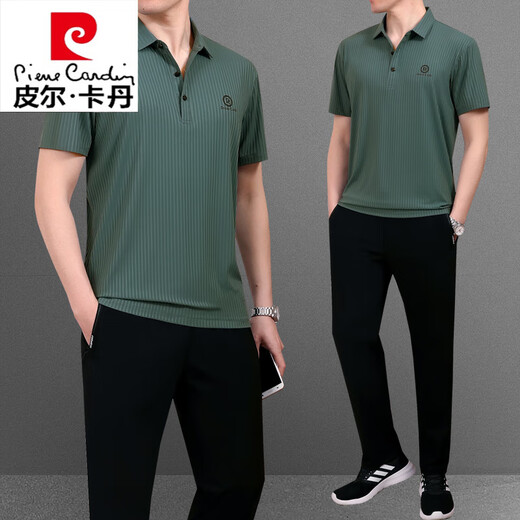 皮尔卡丹（pierre cardin）爸爸夏装套装父亲夏季冰丝短袖t恤中老年休闲运动服套装男士速干 756海蓝【短.袖+长裤】 L