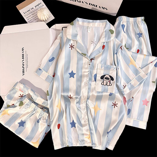 
Also booked with internet celebrity big nose dog women's ice silk pajamas for summer thin short-sleeved trousers three-piece dopamine striped home clothing 13555SA Star Puppy Three-piece L