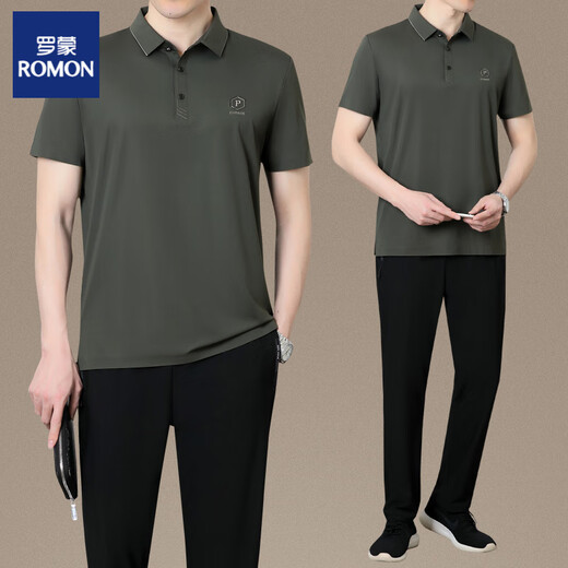 罗蒙（ROMON）爸爸夏装运动服套装新款男士短袖T恤中老年休闲冰丝衣服父亲节 墨绿（上衣+裤子）XTD9855 L (建议100-120斤)
