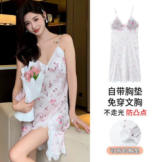 
Langsha pajamas for women in summer new ice and snow silk suspender sexy beautiful back pure and sexy women with chest pad nightgown home clothes AM11965 M