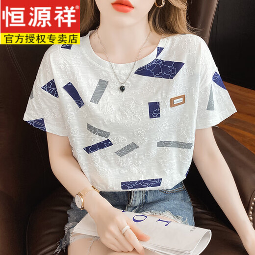 恒源祥冰丝短袖妈妈纯·棉短袖t恤女白色半袖夏装2025年新款韩版宽松女 810蓝方块+869彩字母 S 建议95斤以内