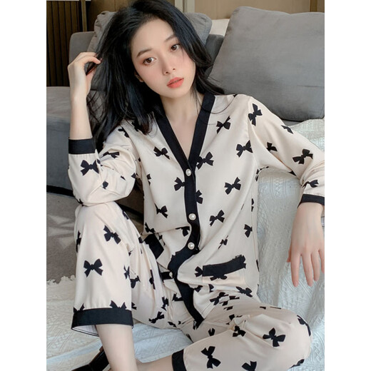 Victoria's style [counter quality] Mickey pajamas for women's summer ice silk two-piece set 2024 new large size women's spring and autumn style home 869#NY flowers L
