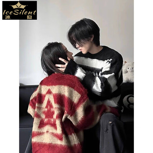Ice hidden sweater men's autumn and winter trendy brand retro striped autumn and winter loose casual lazy style American round neck sweater couple outfit black [Hui/*1592] M Recommended 95-110Jin [Jin equals 0.5 kg]