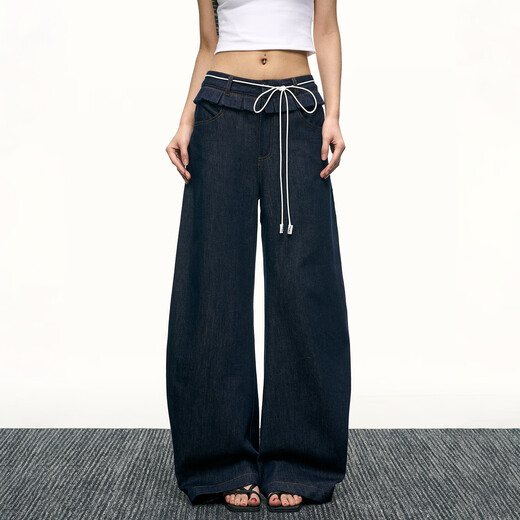 
AAISUP dark blue scimitar wide-leg jeans for women 2025 summer new loose design sense black earring straight pants dark blue S